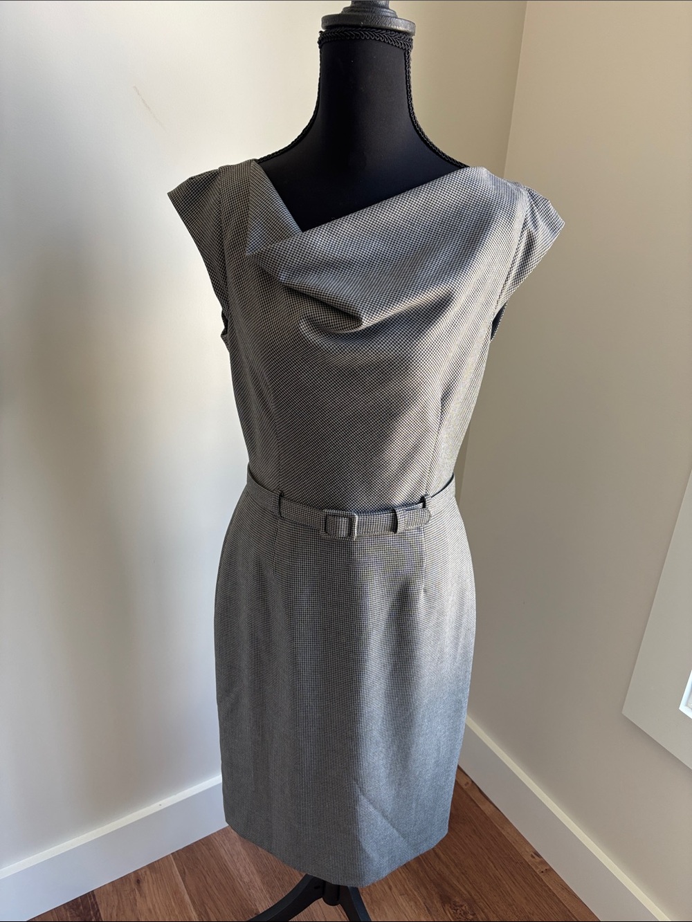 Banana Republic Gray and Black Sleeveless Draped Cowl Sheath Dress